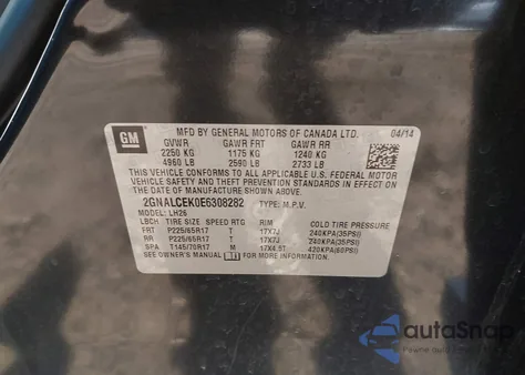 2014 Chevrolet Equinox 2Lt z USA, uszkodzony, nr VIN 2GNALCEK0E6308282